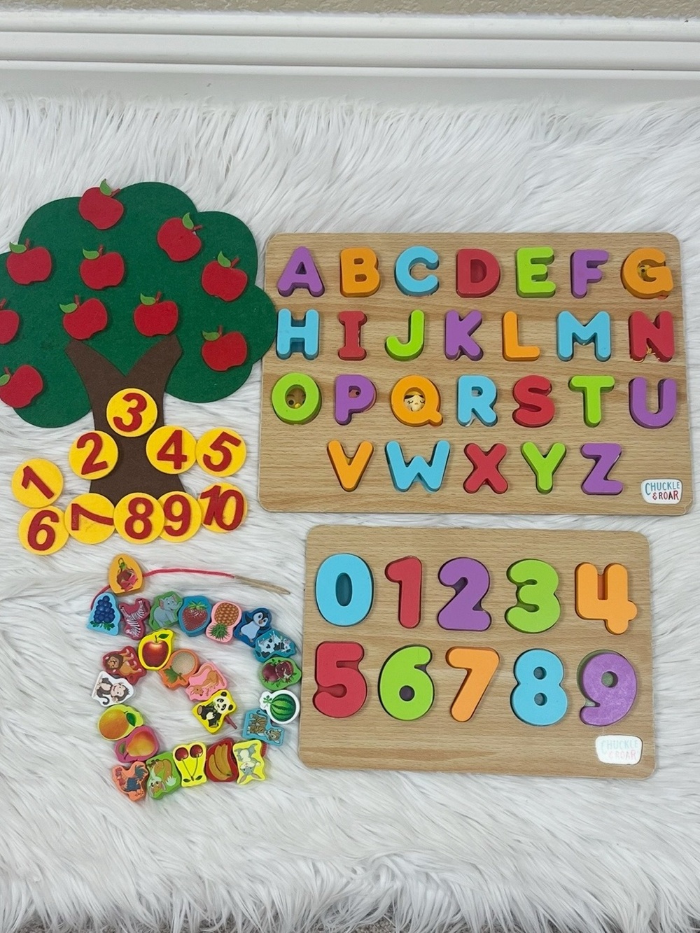 Toddler’s bundle of toys, Chuckle Roar alphabet, felt numbers, lacing beads set